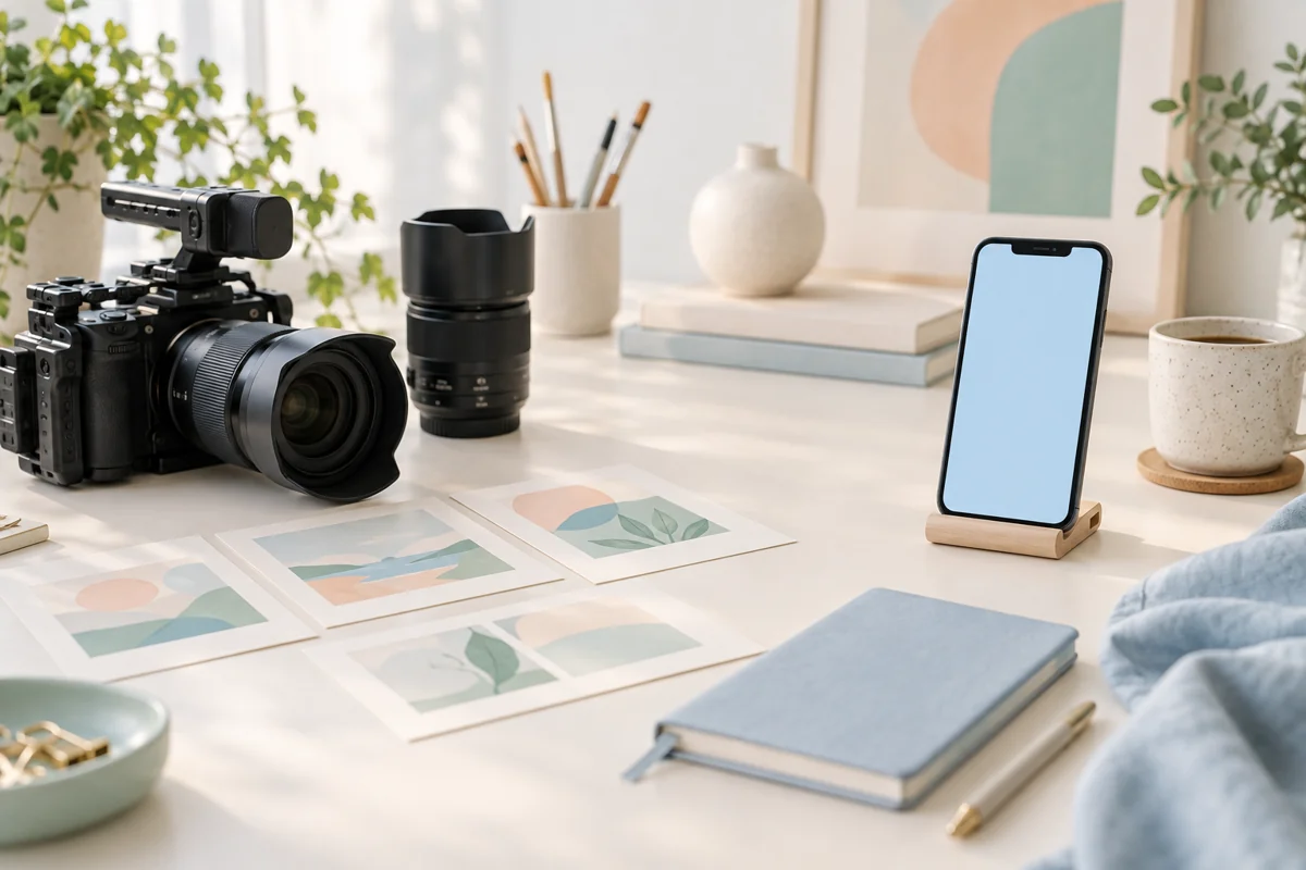 Camera, storyboard cards, and phone in a pale creative studio