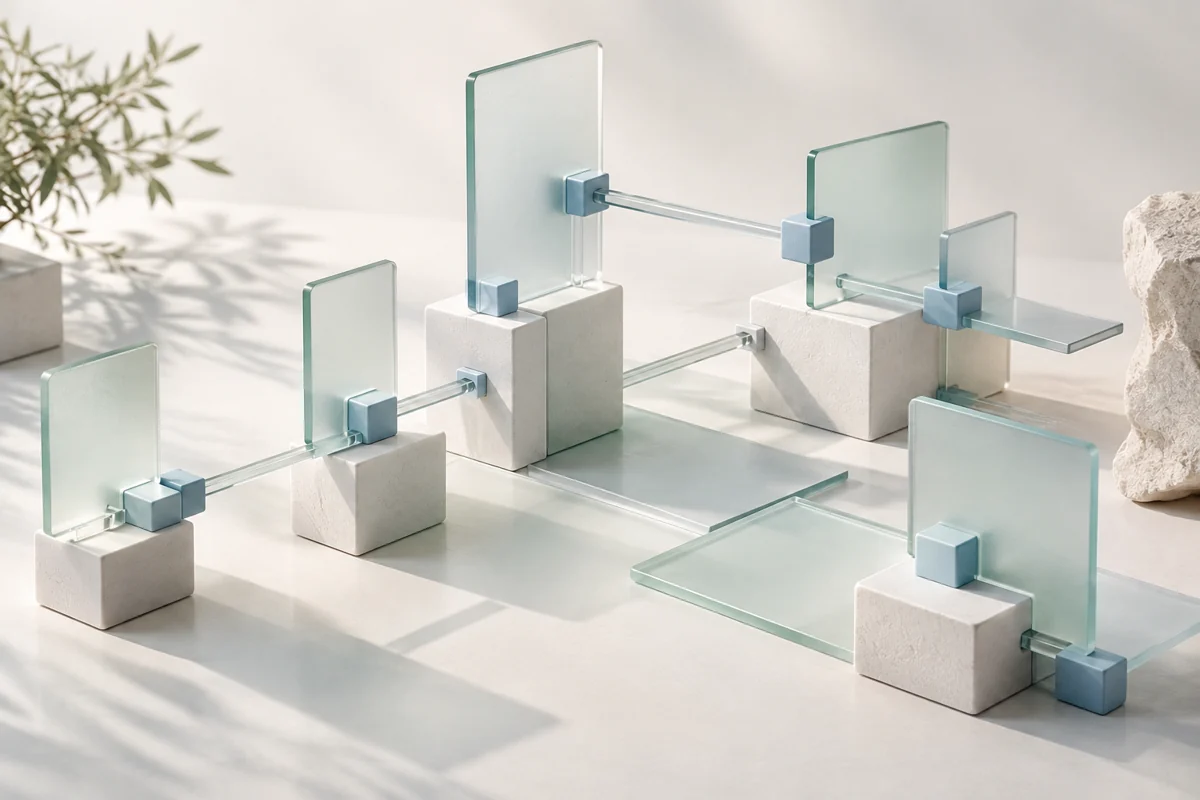 Pale mint and blue glass modules arranged as a connected system