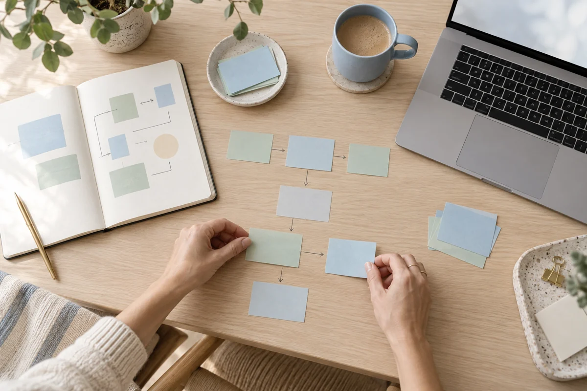 Hands planning a workflow with cards and a notebook on a light desk